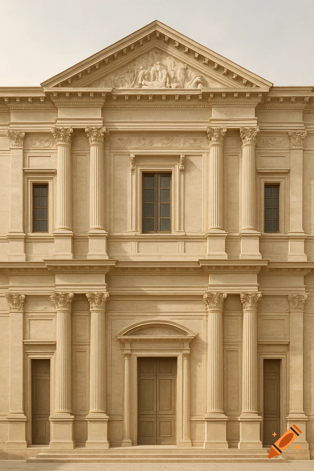 Facade of a Renaissance-style building with columns, pilasters, pediment, windows, and doors, in a clean, detailed drawing style.