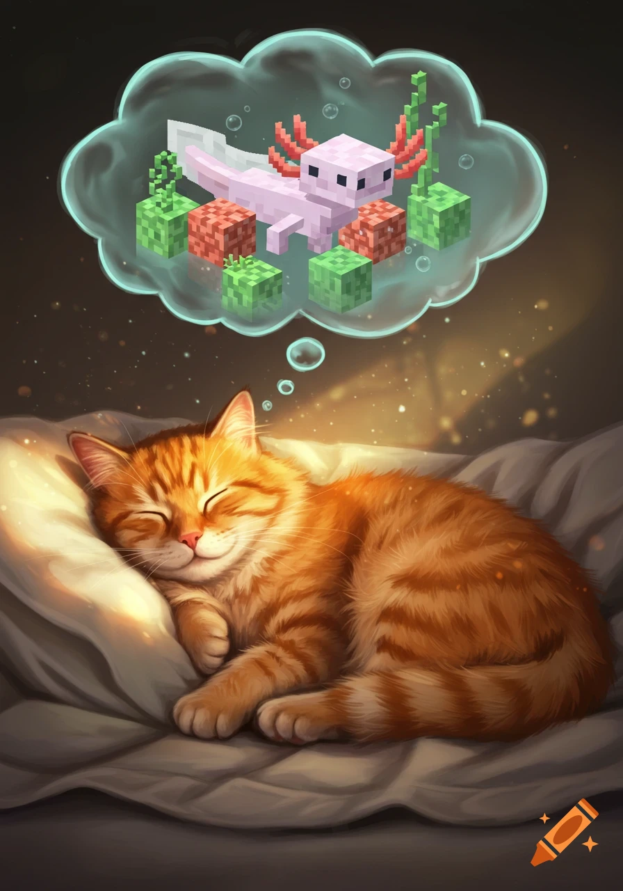A sleeping ginger tabby cat dreams of a pink pixelated Minecraft axolotl with green and red blocks in a thought bubble.