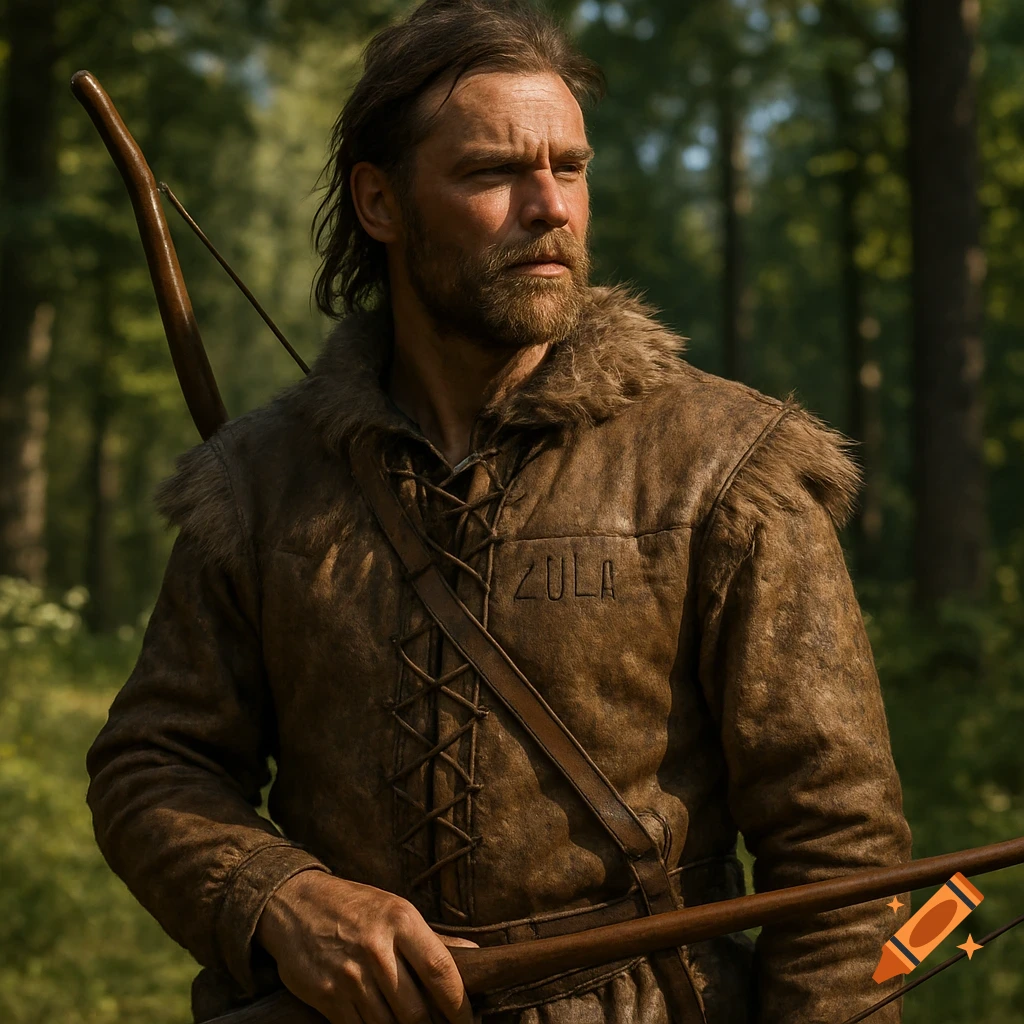 A photorealistic image of a rugged medieval hunter with a beard, wearing a fur-collared brown tunic, holding a bow in a forest.