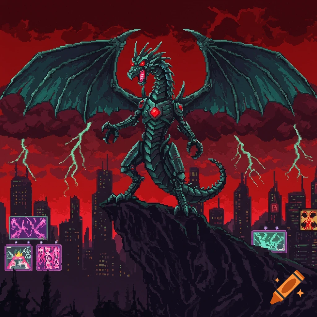 A menacing pixel art dragon stands on a cliff overlooking a retro-futuristic city under a lightning-filled red sky.