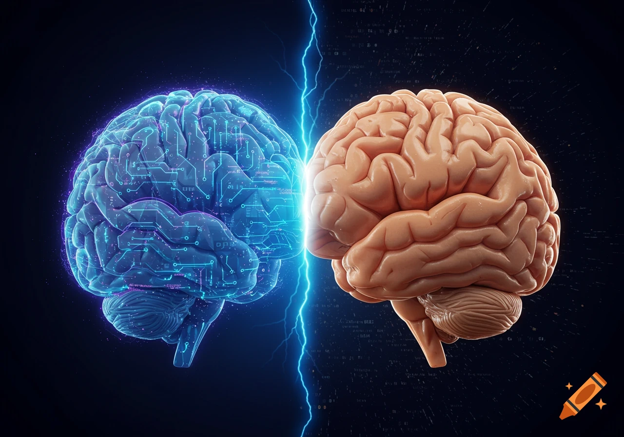 A blue, circuit-patterned AI brain faces a natural human brain, connected by a bolt of lightning against a dark background.