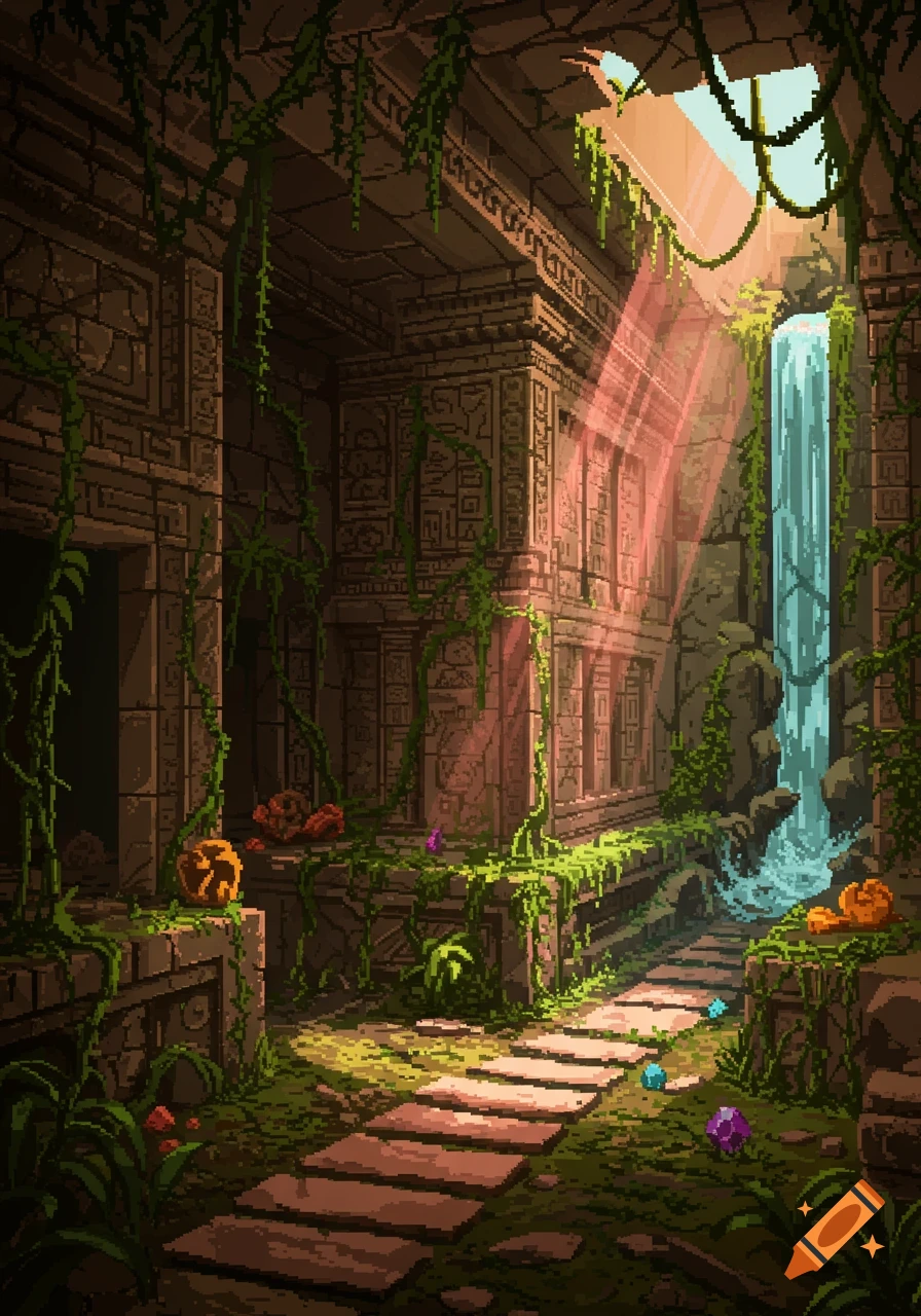 An 8-bit pixel art illustration of ancient jungle temple ruins with a waterfall, overgrown vines, and light rays.