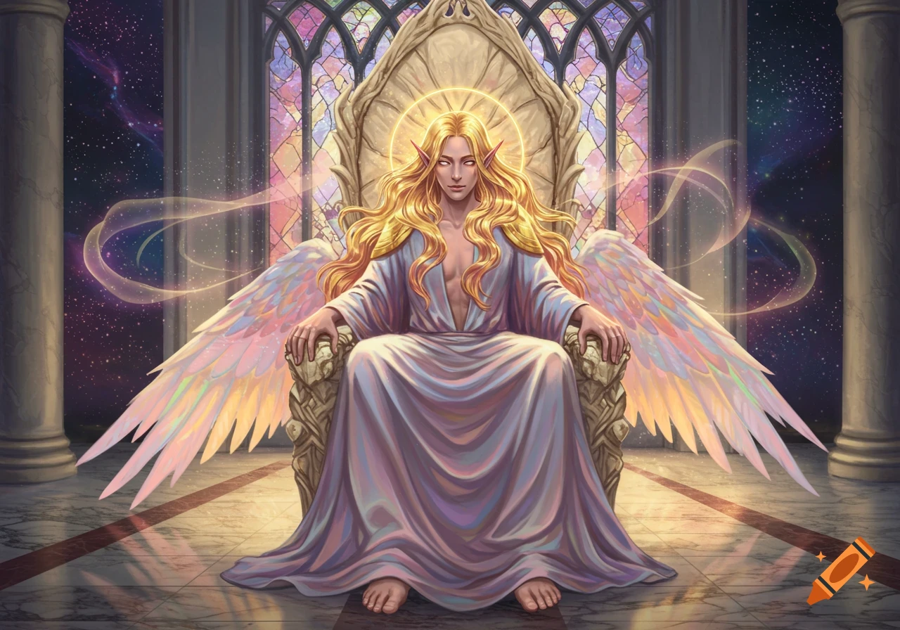 An angelic, long-haired elf-like figure with rainbow wings sits on a throne in a grand hall with stained glass and a cosmic sky, illustration.