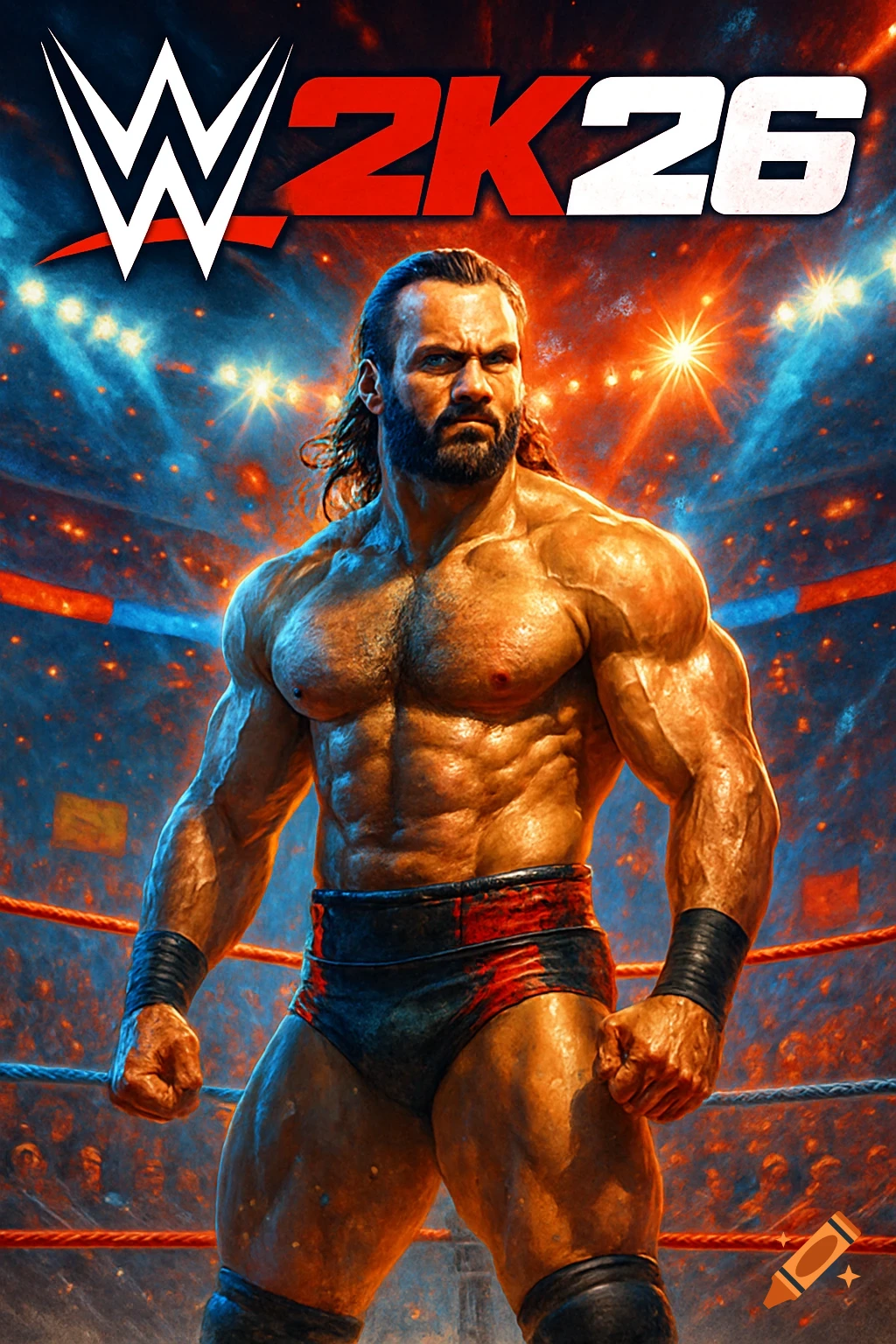 A muscular male wrestler poses in a ring under bright lights, with the WWE 2K26 logo at the top.