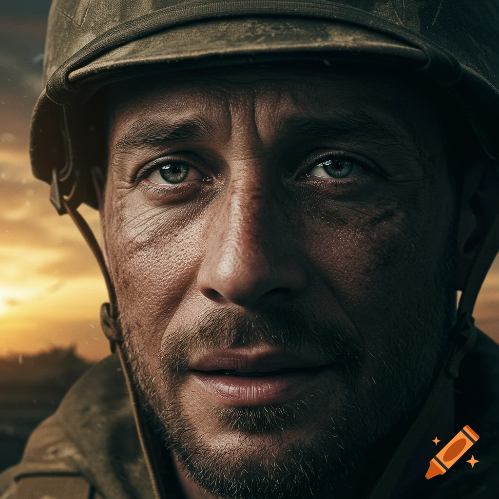 Close-up photorealistic portrait of a rugged soldier in a helmet with a dirty face, against an overcast sunset sky.