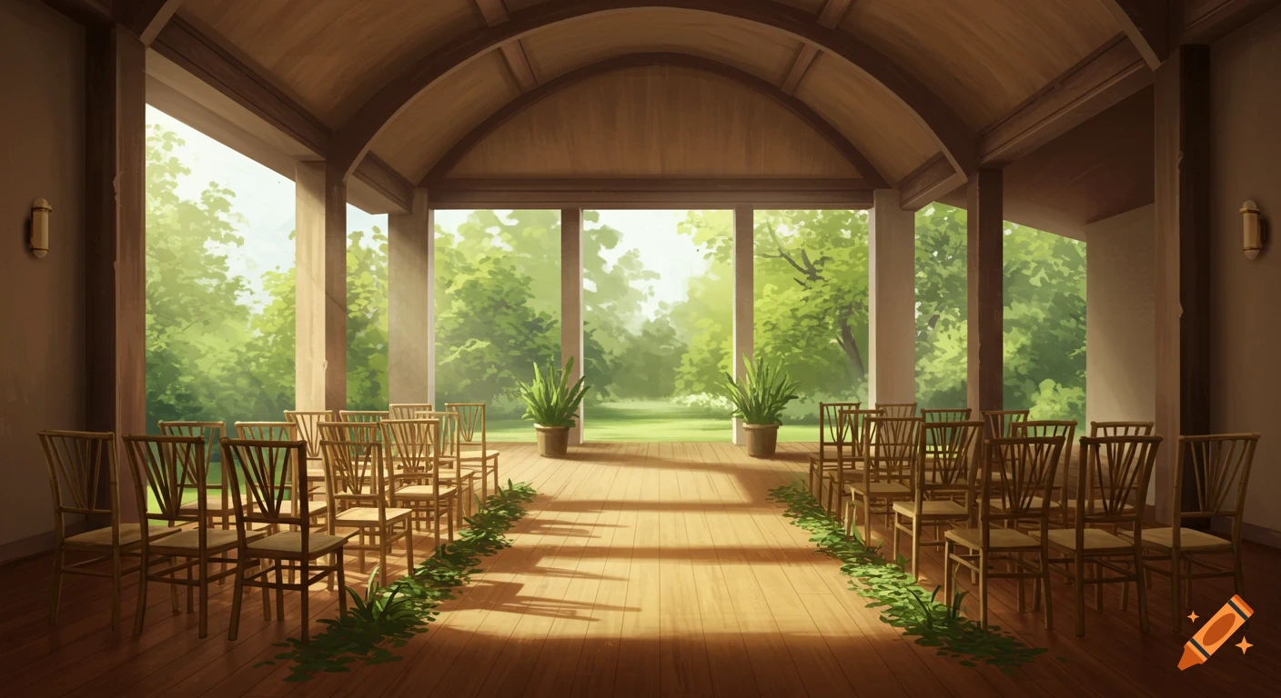 An empty, undecorated wedding hall with rows of wooden chairs and large windows opening to lush green trees.