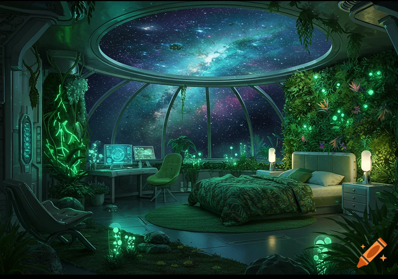 A futuristic sci-fi bedroom with lush green plants, glowing elements, and a large window looking out into a starry galaxy.