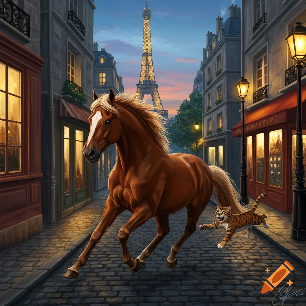 A brown horse with a white blaze and a striped cat run down a cobblestone street in Paris with the Eiffel Tower in the background, illustrated art.