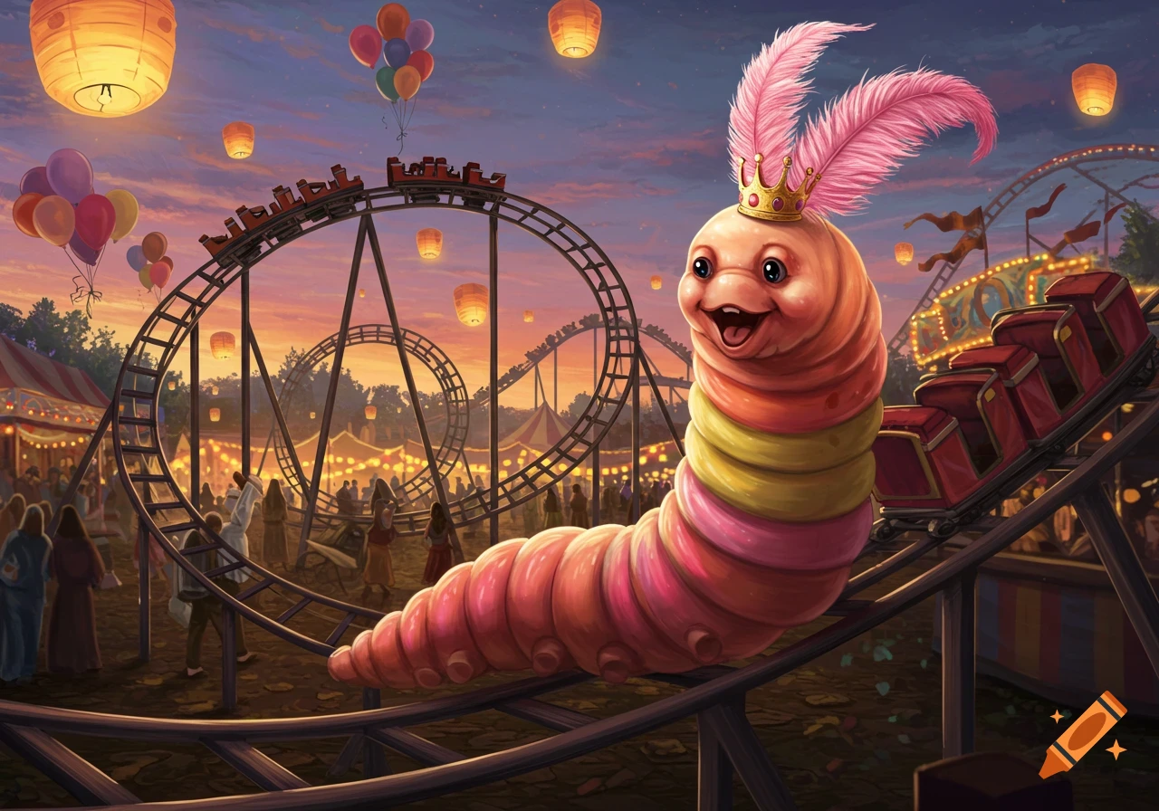 A cheerful, crowned, multi-colored worm rides a roller coaster at a whimsical amusement park, with lanterns and balloons.