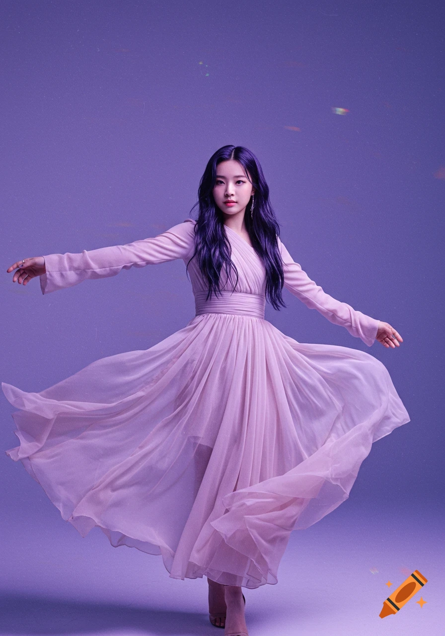 An elegant Asian woman in a flowing light purple dress poses with extended arms in a dreamy, soft purple-lit studio.