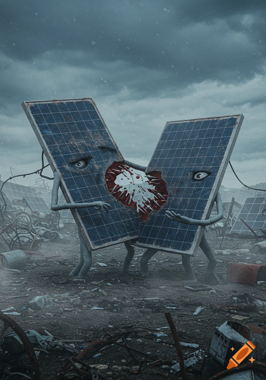 Two anthropomorphic solar panels stand in a desolate junkyard under a stormy sky, embracing with bleeding, heart-shaped holes in their centers.