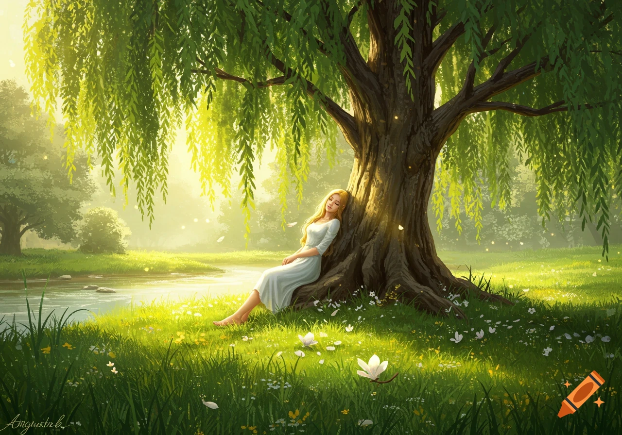 A blonde woman in a white dress leans against a large willow tree by a glowing river in a lush, green meadow; digital art.