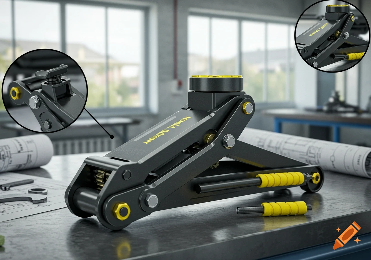 A new dark grey and yellow scissor car jack with yellow accents on a metallic workbench with blueprints in a workshop, photorealistic.