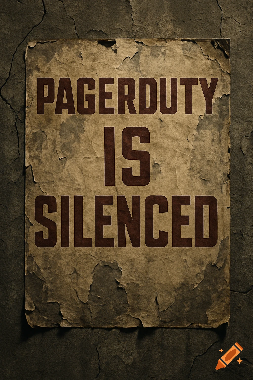 A distressed vintage poster with dark red text 'PAGERDUTY IS SILENCED' on a cracked wall.