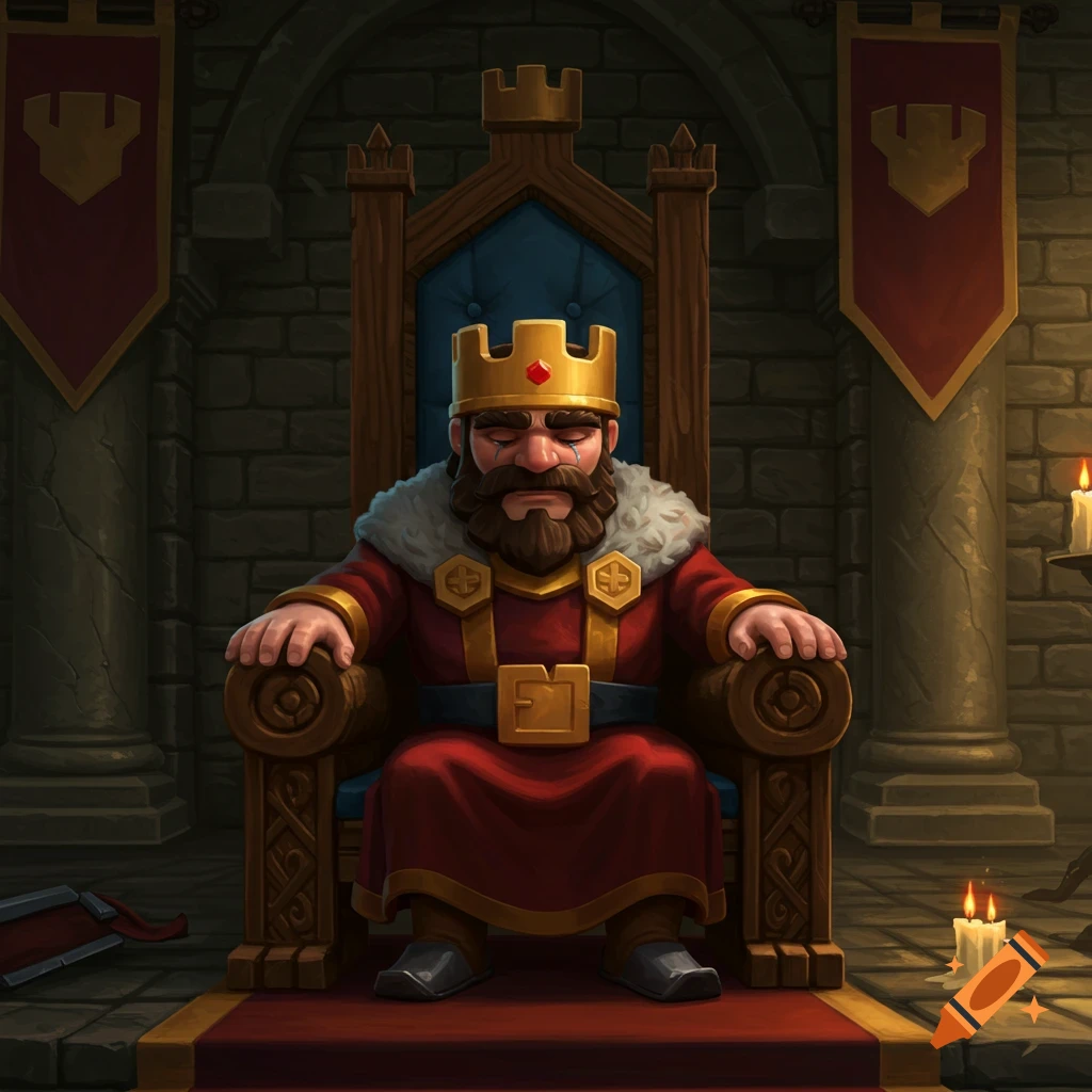 A sad, bearded cartoon king wearing a gold crown and red robes sits on a wooden throne in a stone castle.