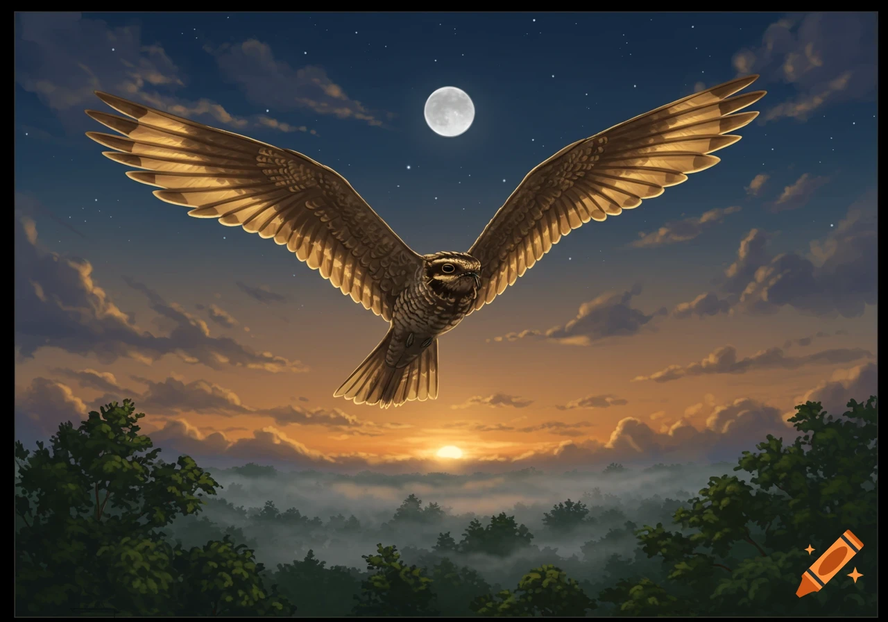 A great eared nightjar bird with outstretched wings flies under a full moon and sunset over a misty forest, in an illustrative style.