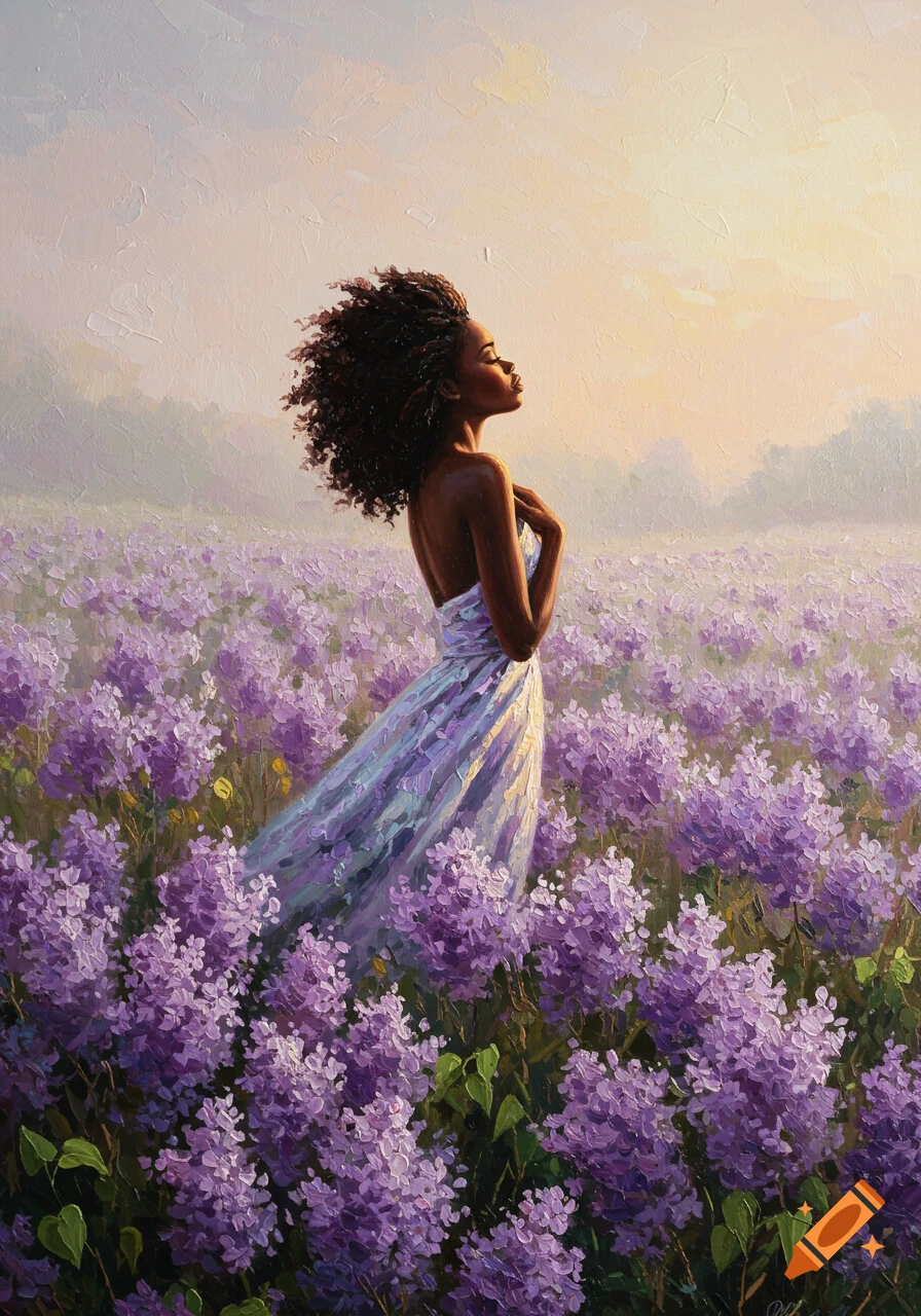 Impressionist painting of a Black woman in a light dress standing in a field of purple lilacs at sunrise.