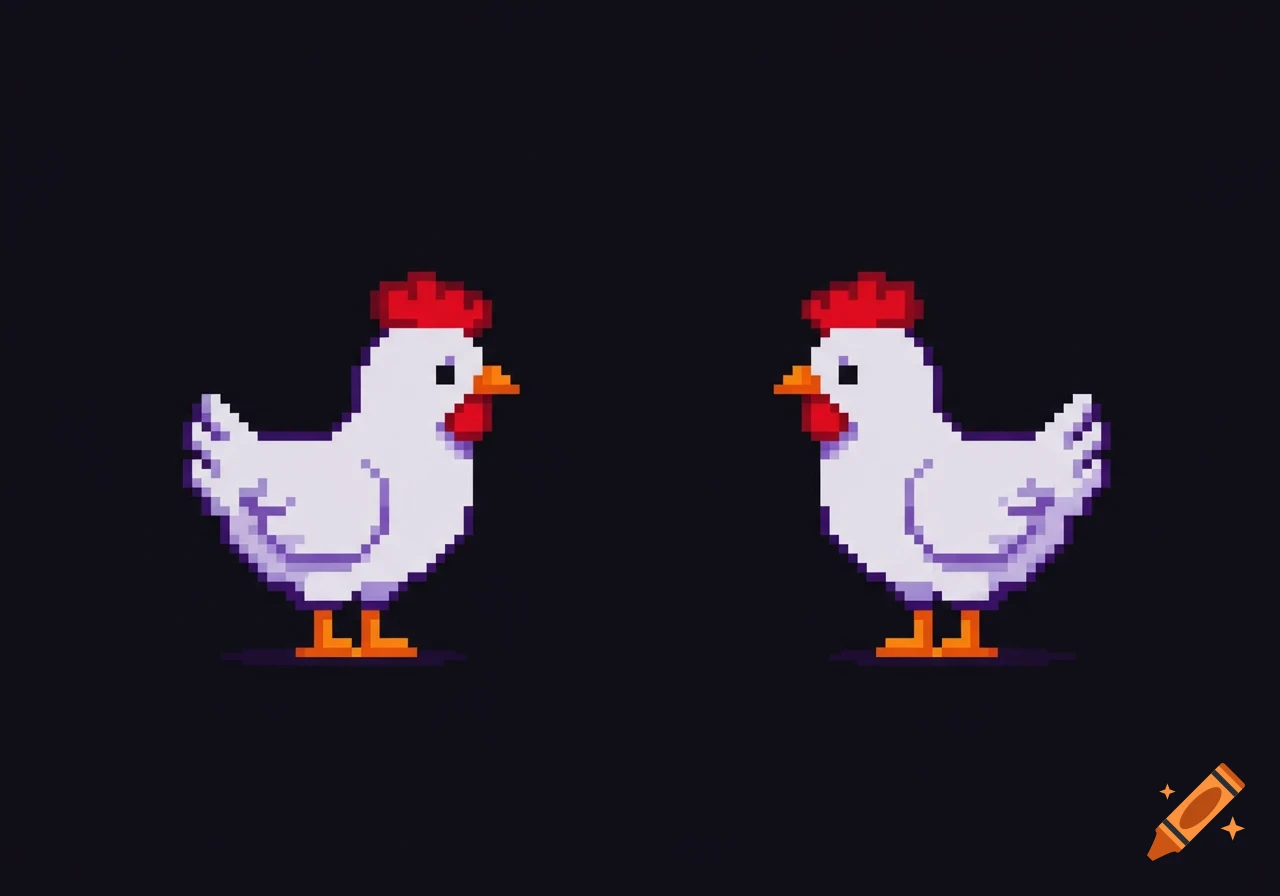 Two minimalist pixel art chickens, with white bodies, red combs, and orange beaks and feet, face each other on a dark background.