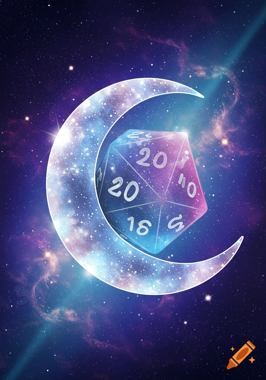 A glowing D20 die nested in a sparkling crescent moon against a backdrop of a colorful starry galaxy.
