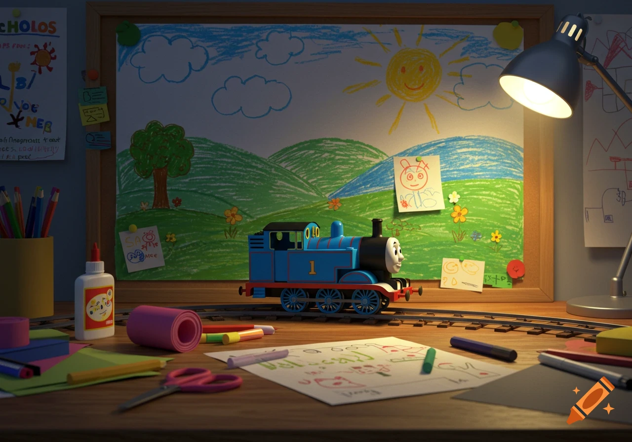 A Thomas the Tank Engine toy sits on train tracks on a wooden desk, surrounded by crayons, glue, and colorful children's drawings on a whiteboard.