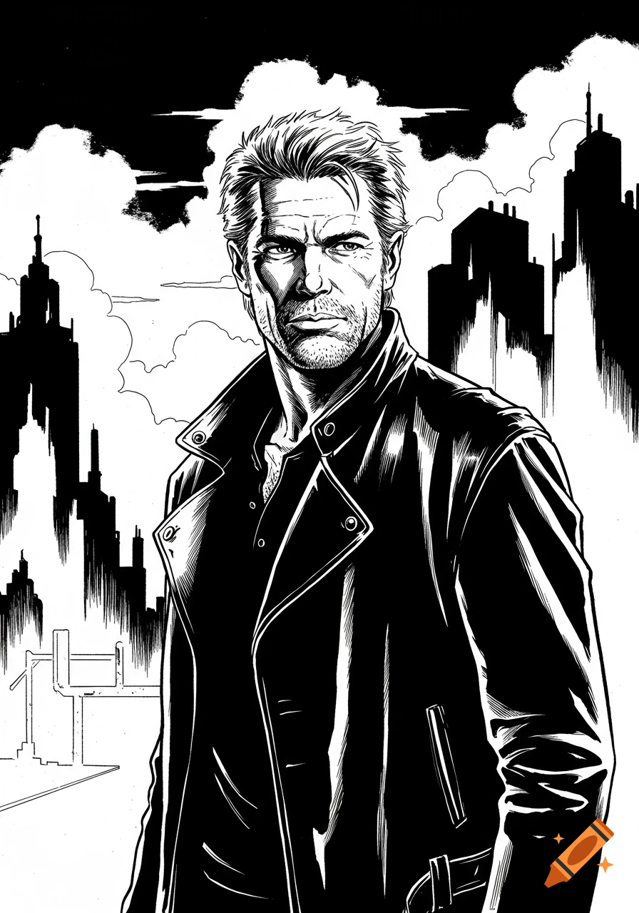Black and white comic art of a rugged man in a leather jacket against a city skyline.