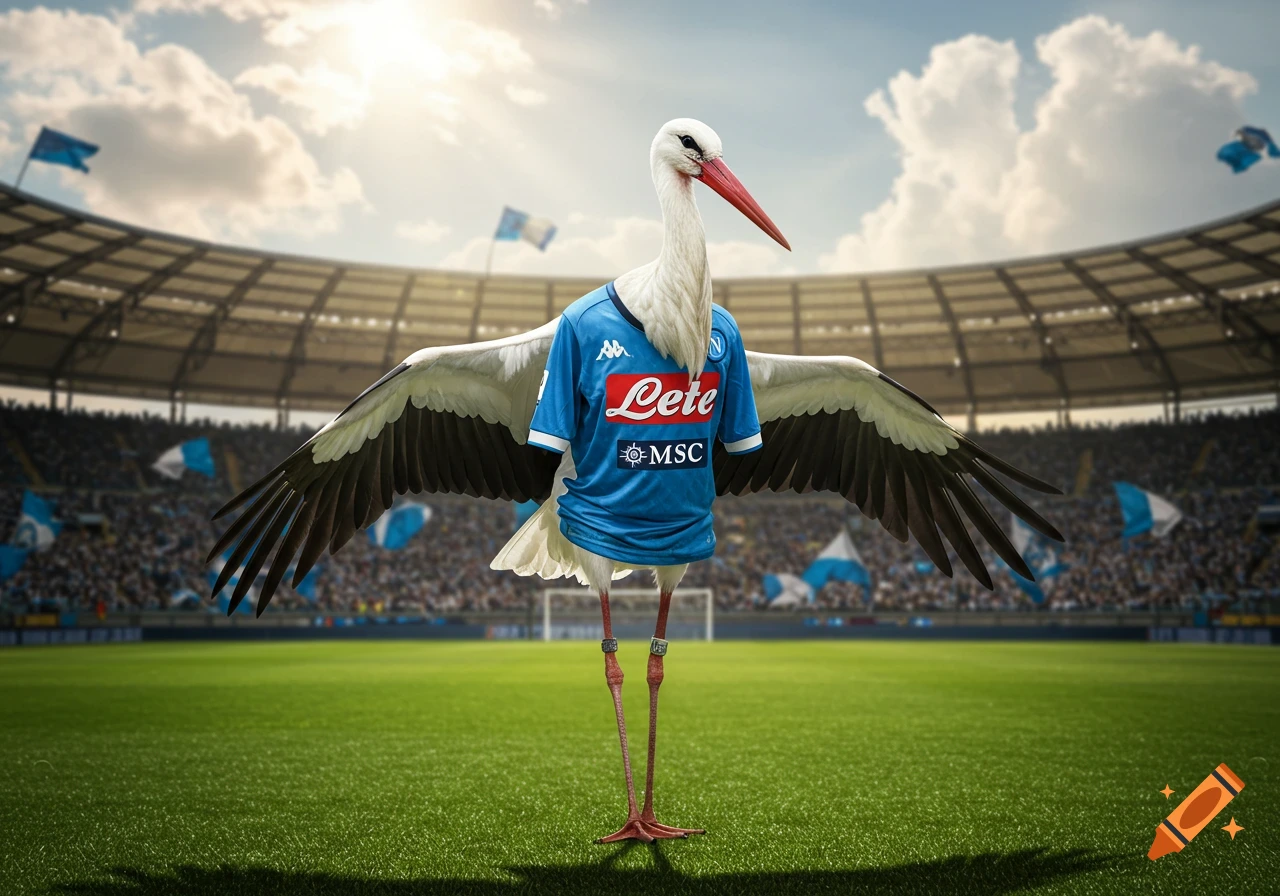A photorealistic stork wearing a blue SSC Napoli football jersey stands on a green football field in a sunny stadium filled with spectators.