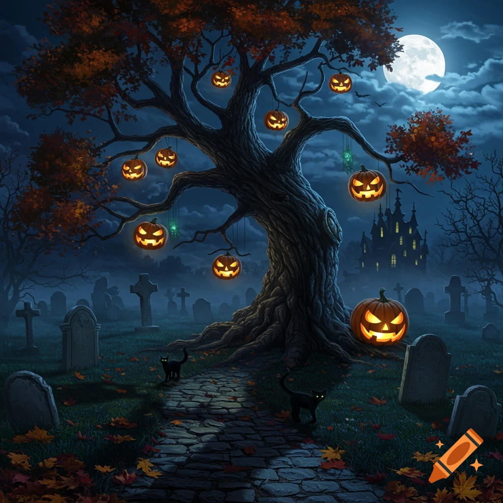 A spooky Halloween night in a graveyard with a large tree adorned with jack-o'-lanterns, black cats, and a haunted castle.