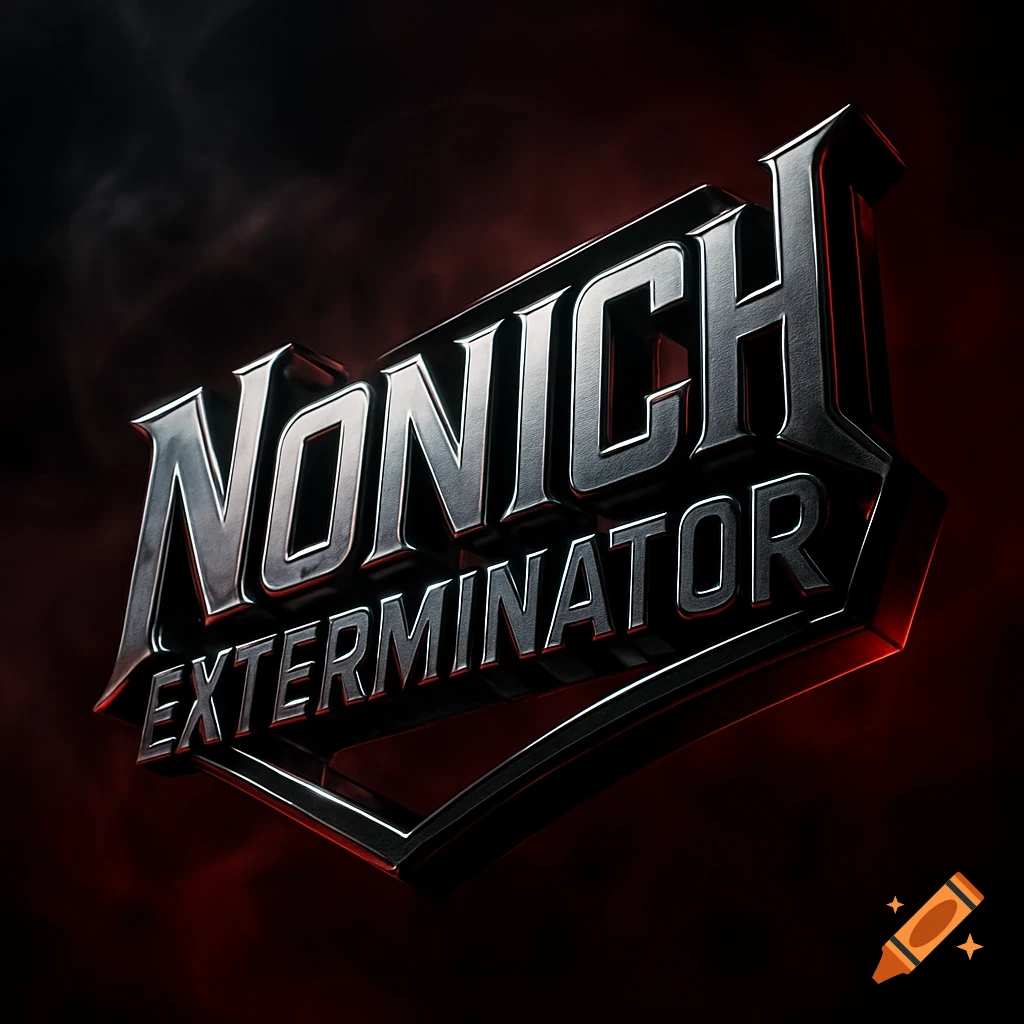 Metallic 3D logo 'NONICH EXTERMINATOR' on a dark red and black background.
