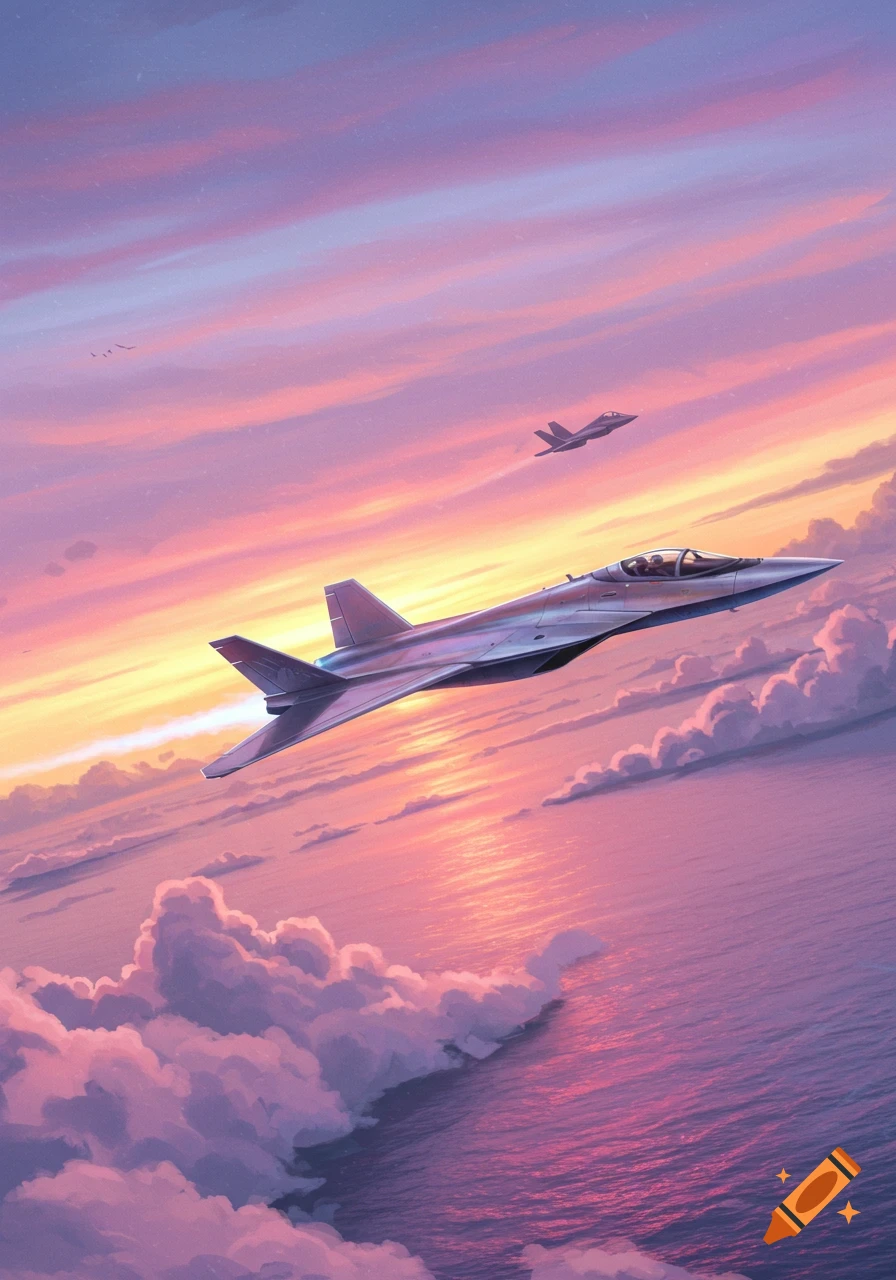 Two military jets soar above clouds and the ocean at sunset, with a vibrant sky filled with pink, purple, and orange.