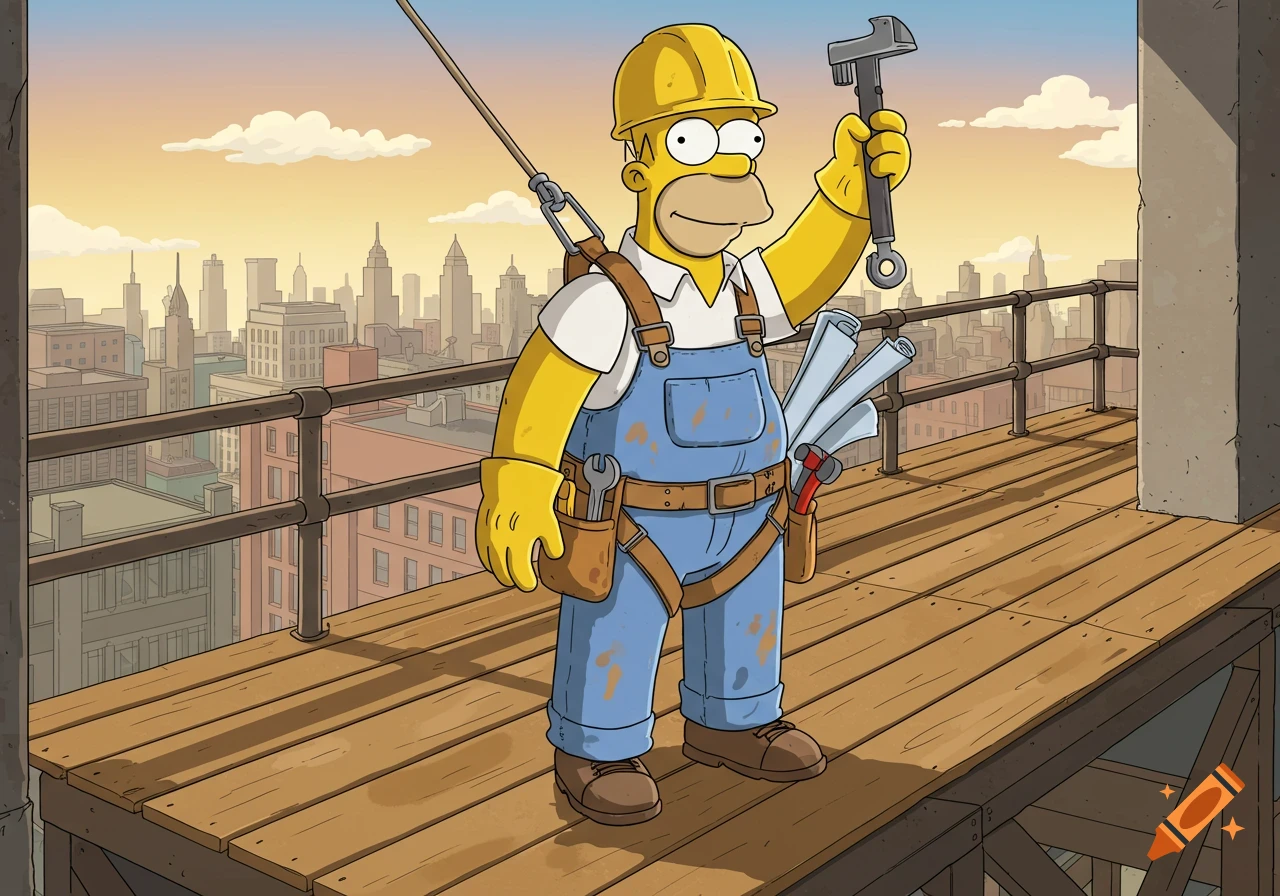 Homer Simpson as a scaffolder on a wooden platform with a city skyline at sunset, holding a wrench.