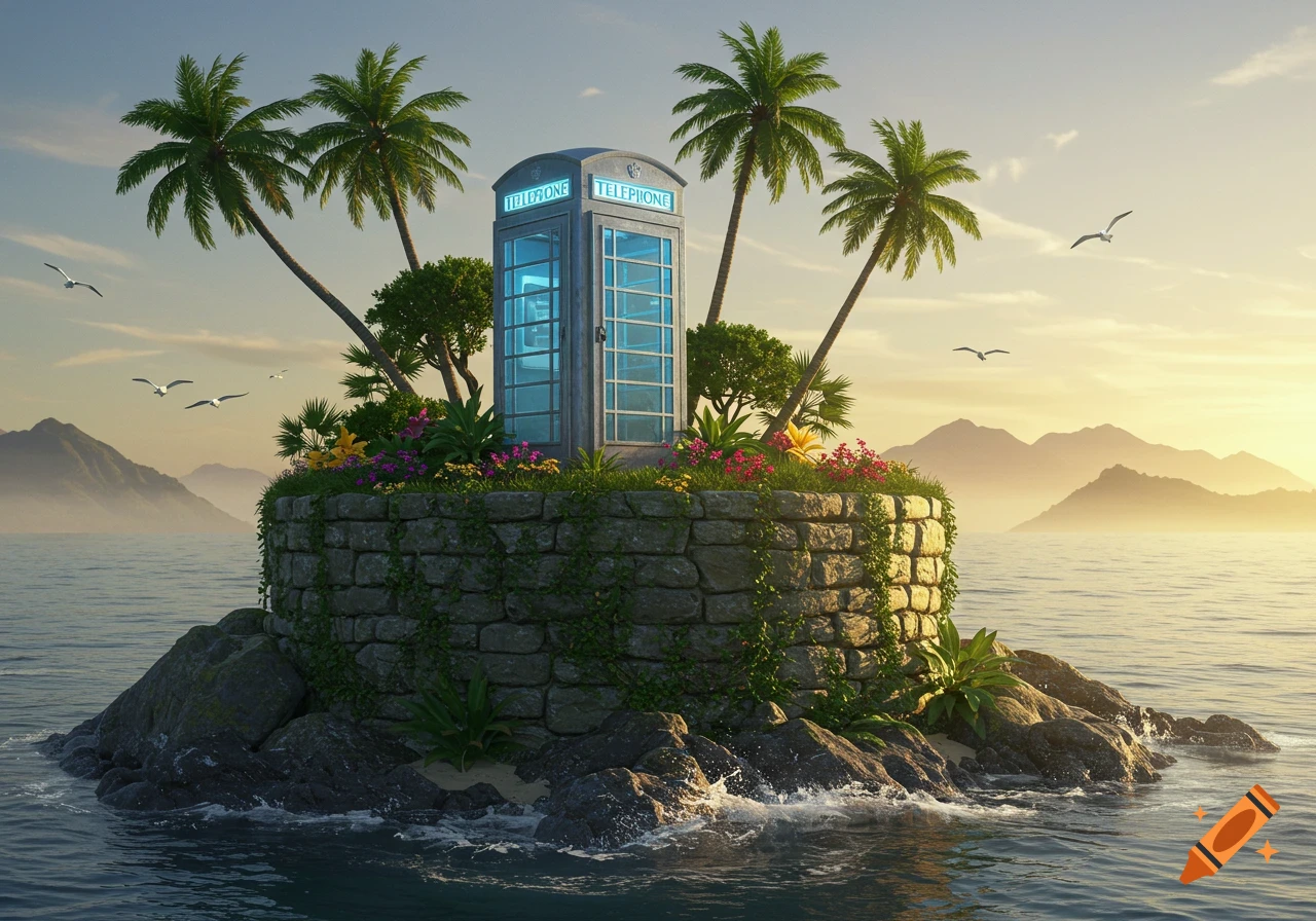 A blue telephone booth stands on a small, walled, rocky island with palm trees and flowers in the ocean, under a sunset sky with mountains in the background.
