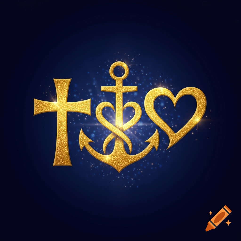 Golden glitter cross, anchor, and heart symbols against a dark blue background with sparkling lights.