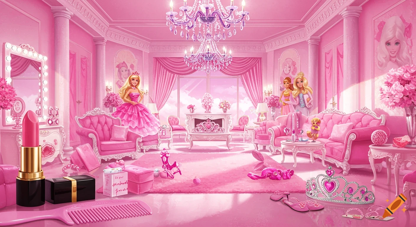 A vibrant, all-pink Barbie-style room with ornate furniture, chandeliers, and Barbie dolls. Lipstick and comb in foreground.