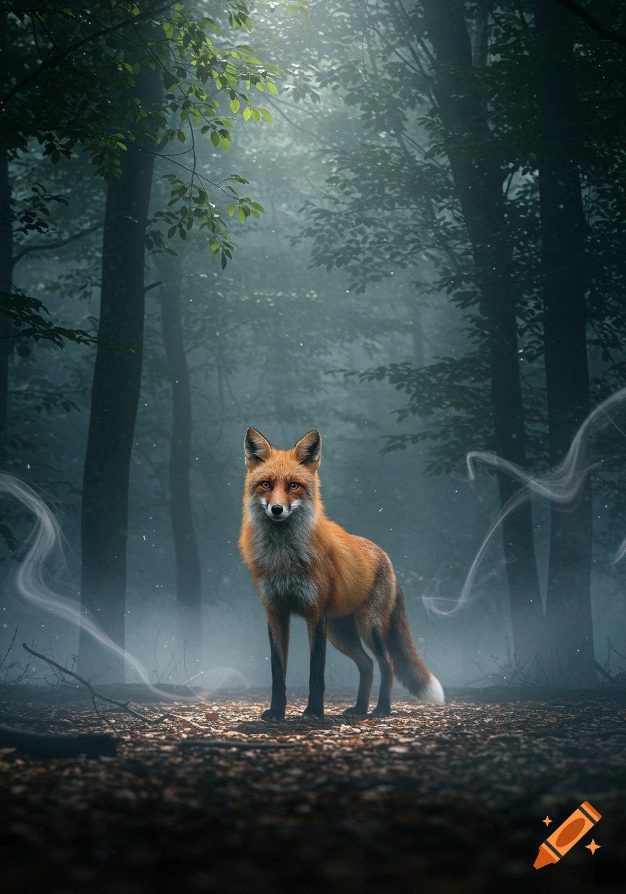 A red fox stands alert in a misty, dark forest with rays of light filtering through the canopy.