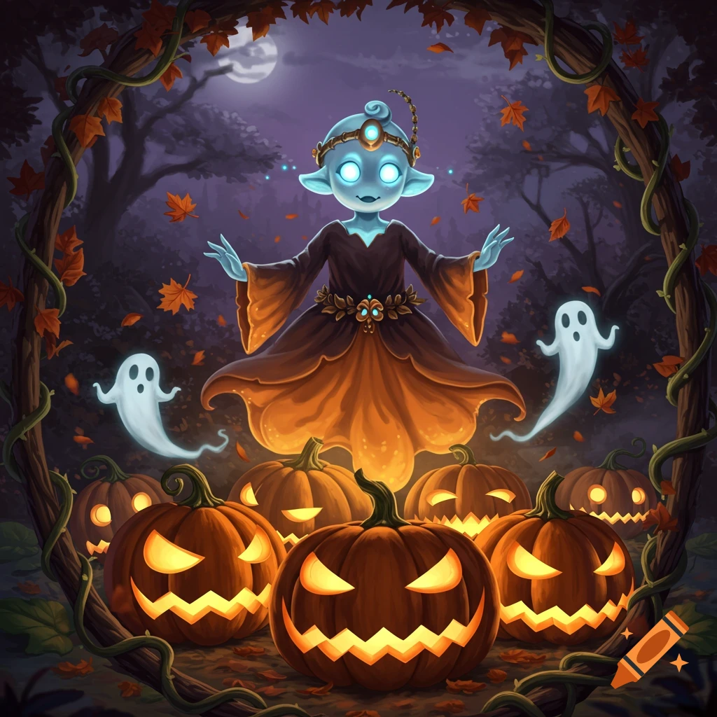 A mystical blue ghost-like figure in an autumn forest, surrounded by glowing jack-o'-lanterns and white ghosts under a full moon.