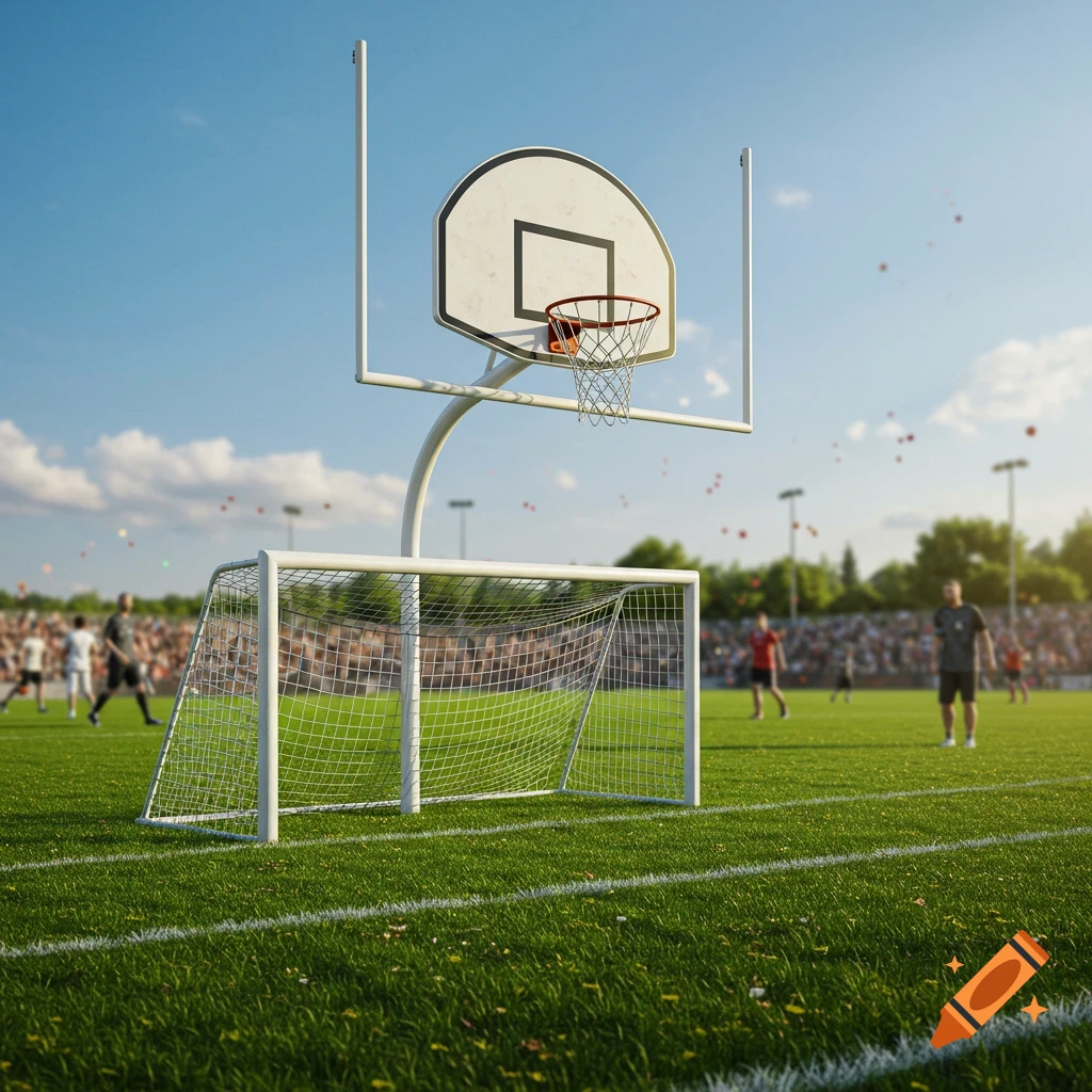 A soccer goal and basketball hoop combined on a green sports field with blurred spectators in the background.