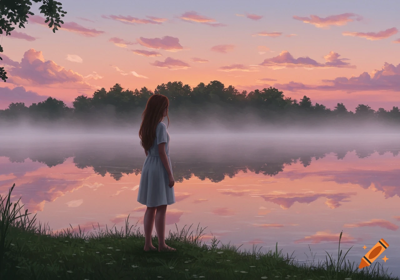 A young woman with reddish-brown hair stands by a misty lake, gazing at the pastel sunset reflected on the water, in a digital art style.