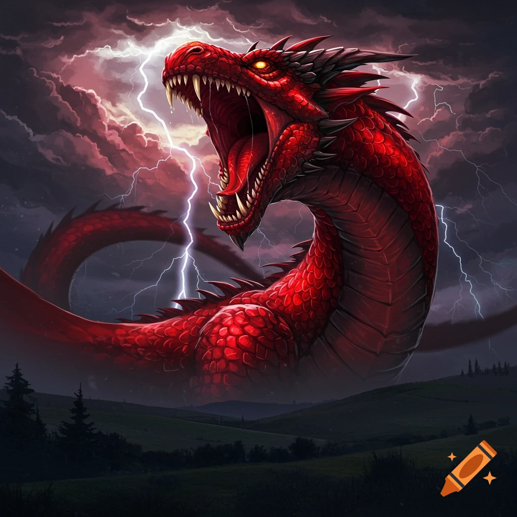 A ferocious red dragon roars under a dark, stormy sky with lightning, above a dark landscape.