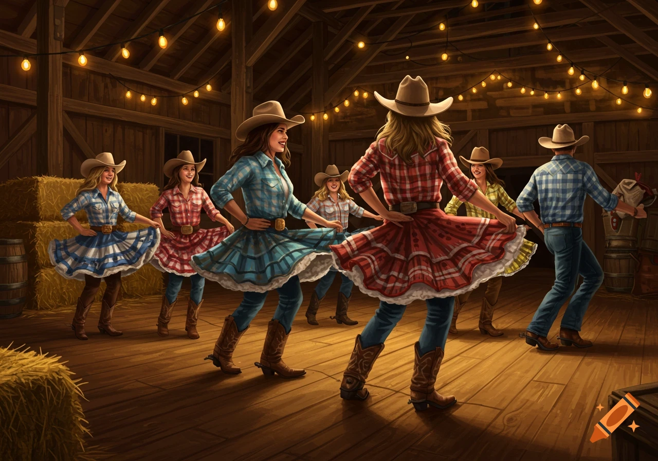 A group of people in cowboy hats and plaid outfits line dancing in a rustic barn with string lights.