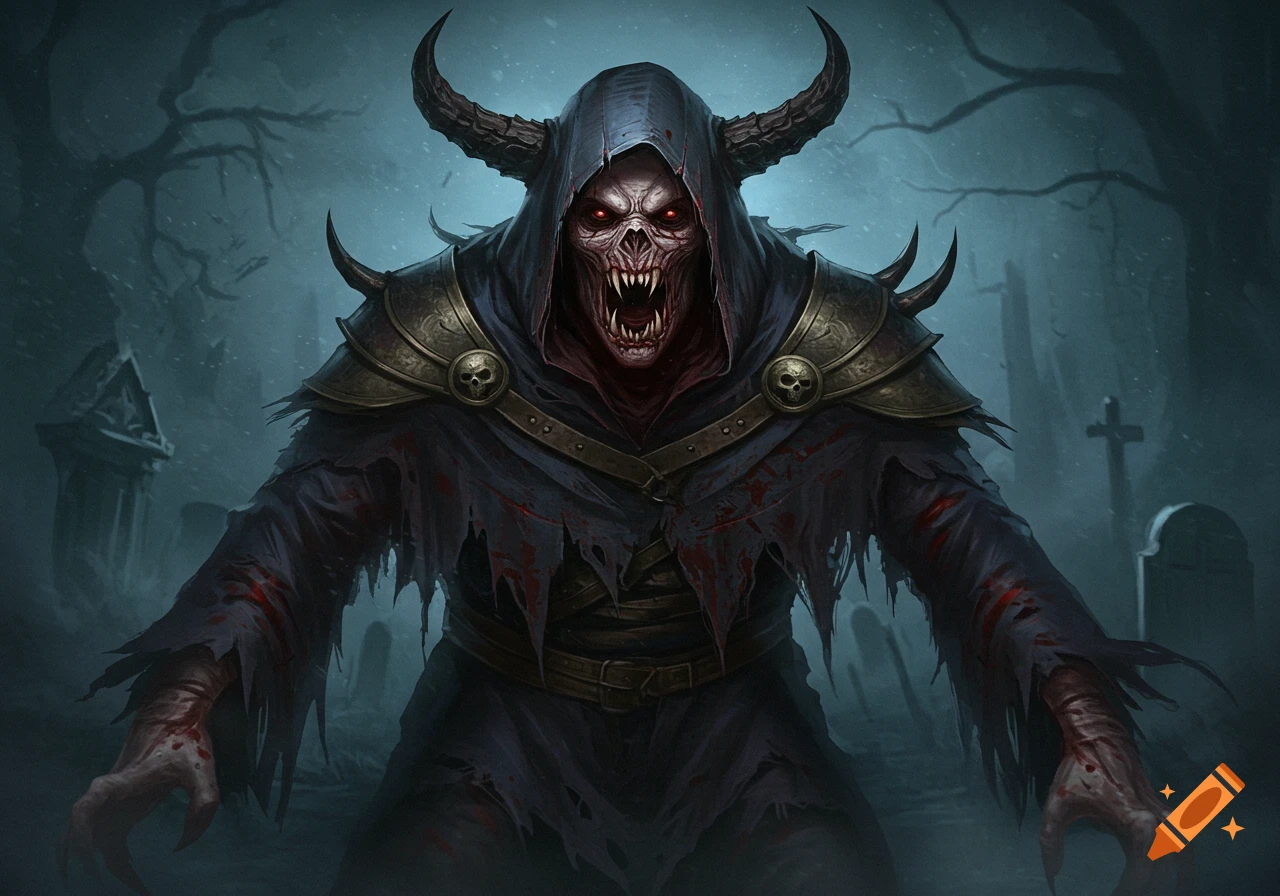 A horned, fanged monster in a hooded, blood-stained cloak stands in a dark, misty graveyard.
