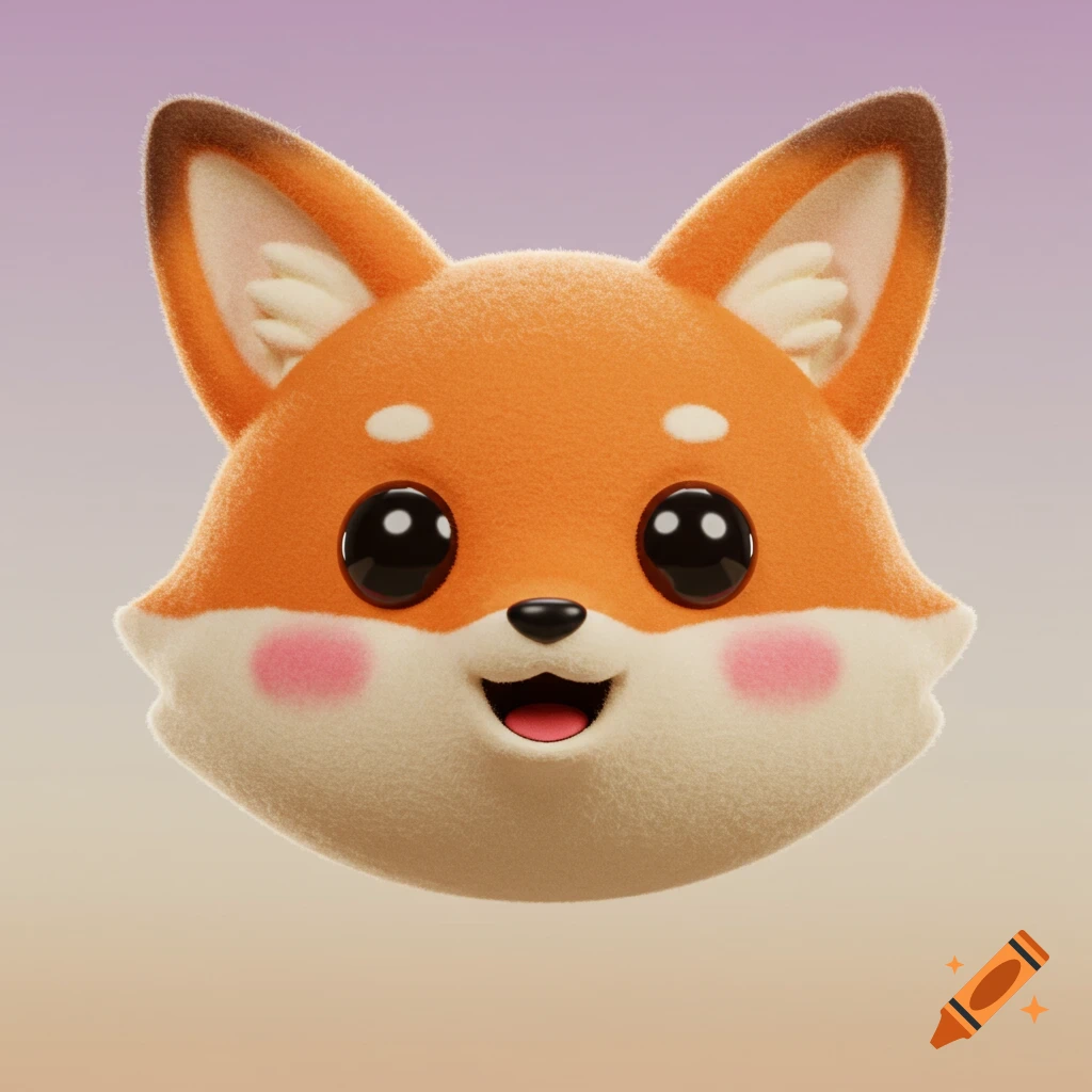 A simplified 3D kawaii cute fox head with fluffy orange and white fur, big black eyes, pink cheeks, and an open mouth, against a soft gradient background.