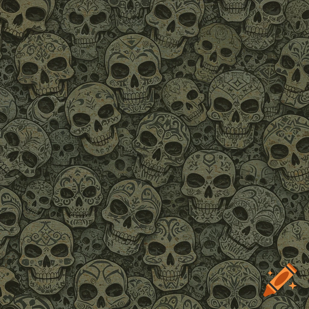A seamless pattern of stylized, grungy skulls with decorative markings.