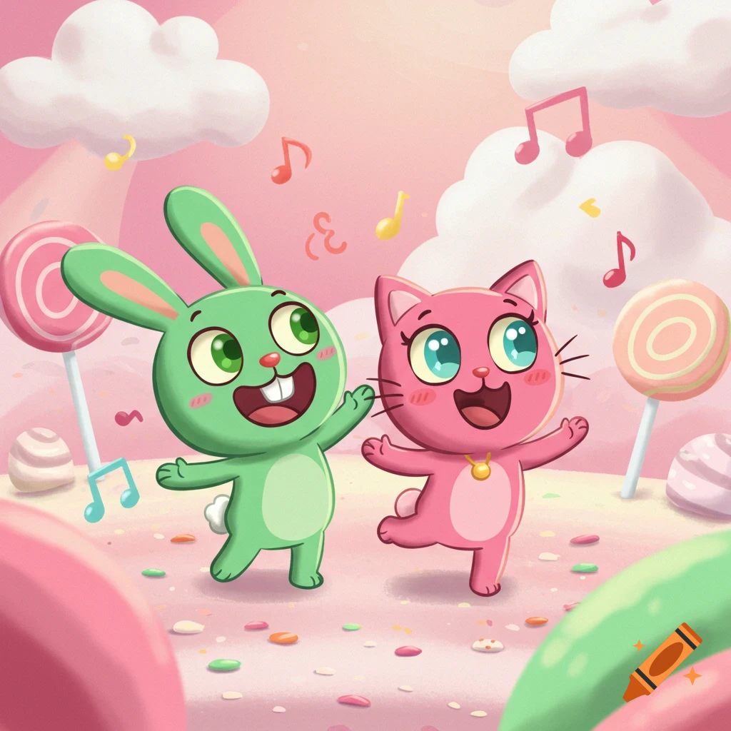 A cheerful green cartoon rabbit and a pink cartoon cat dance happily in a pastel candy land with lollipops and musical notes.