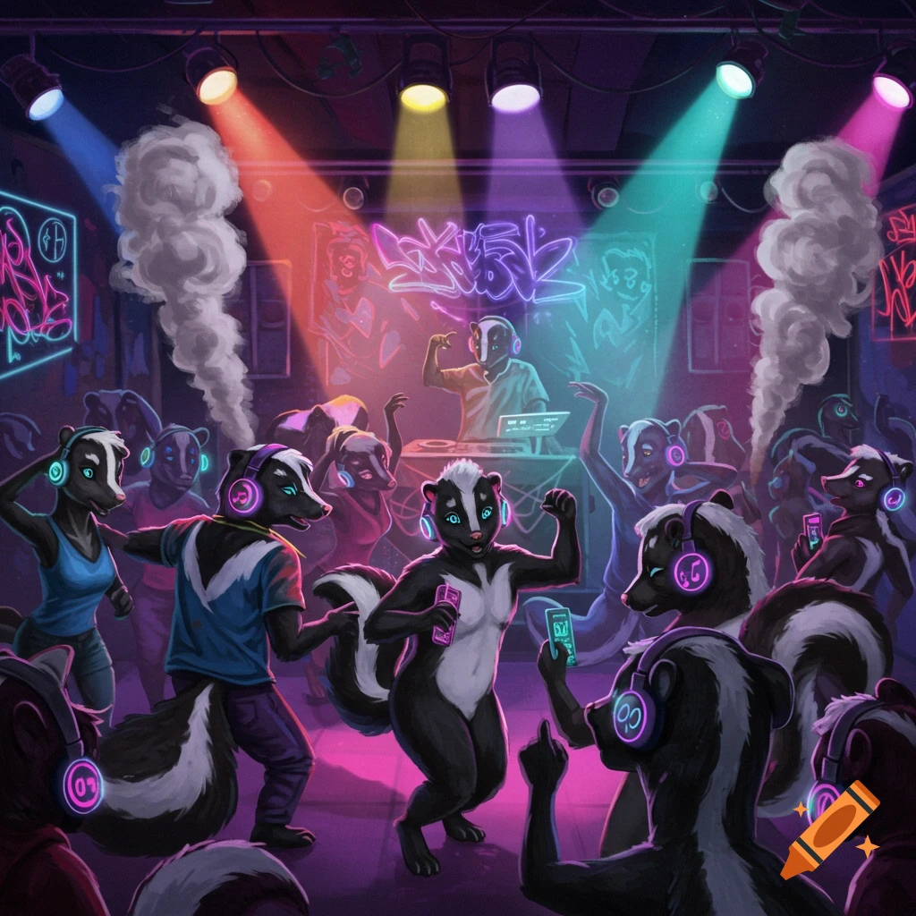 Anthropomorphic skunks with headphones dance at a neon-lit club with a DJ and smoke machines, enjoying a party.