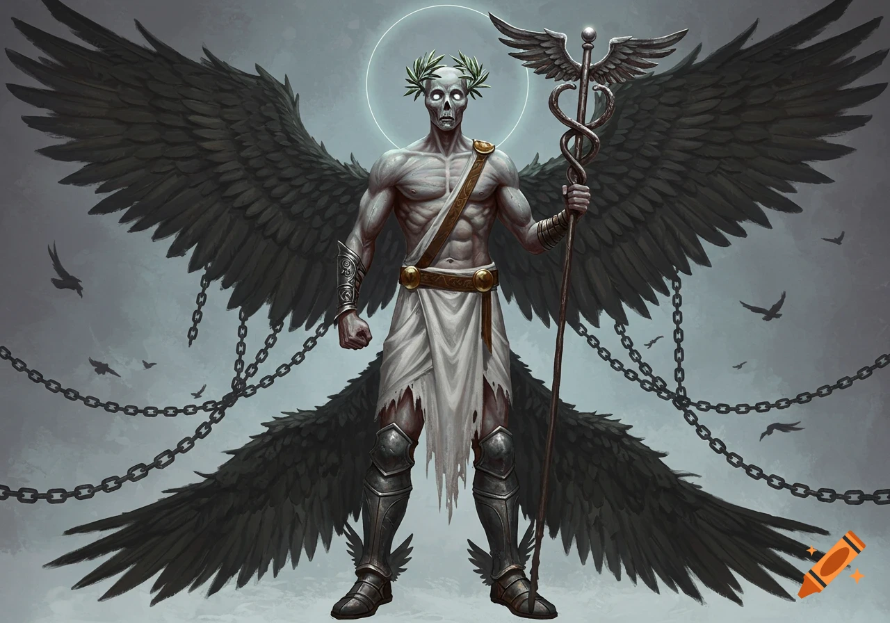 A solemn skeletal-faced figure with glowing eyes, large dark feathered wings, and a tattered white kilt, holding a glowing caduceus.