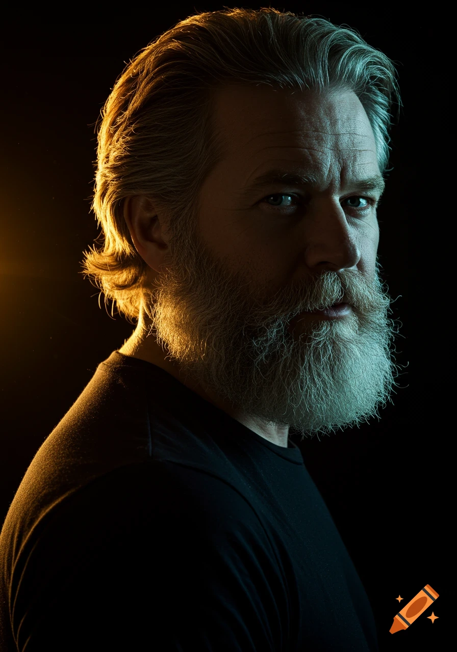 Photorealistic portrait of a bearded man, his gray hair and beard glowing with golden backlight, his face partially illuminated by cool light.