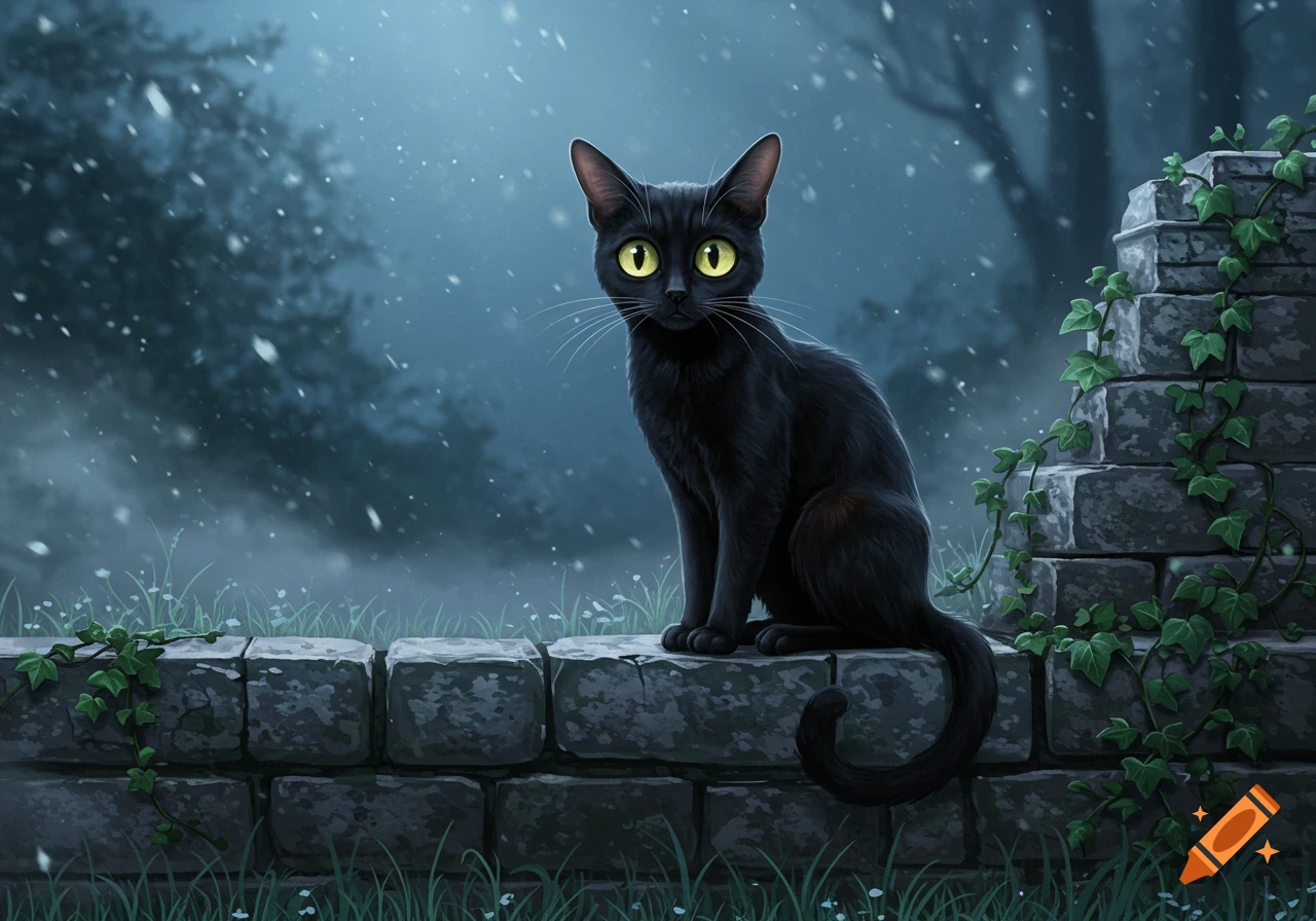 A stylized black cat with glowing yellow eyes sits on a mossy stone wall in a snowy, moonlit forest at night.