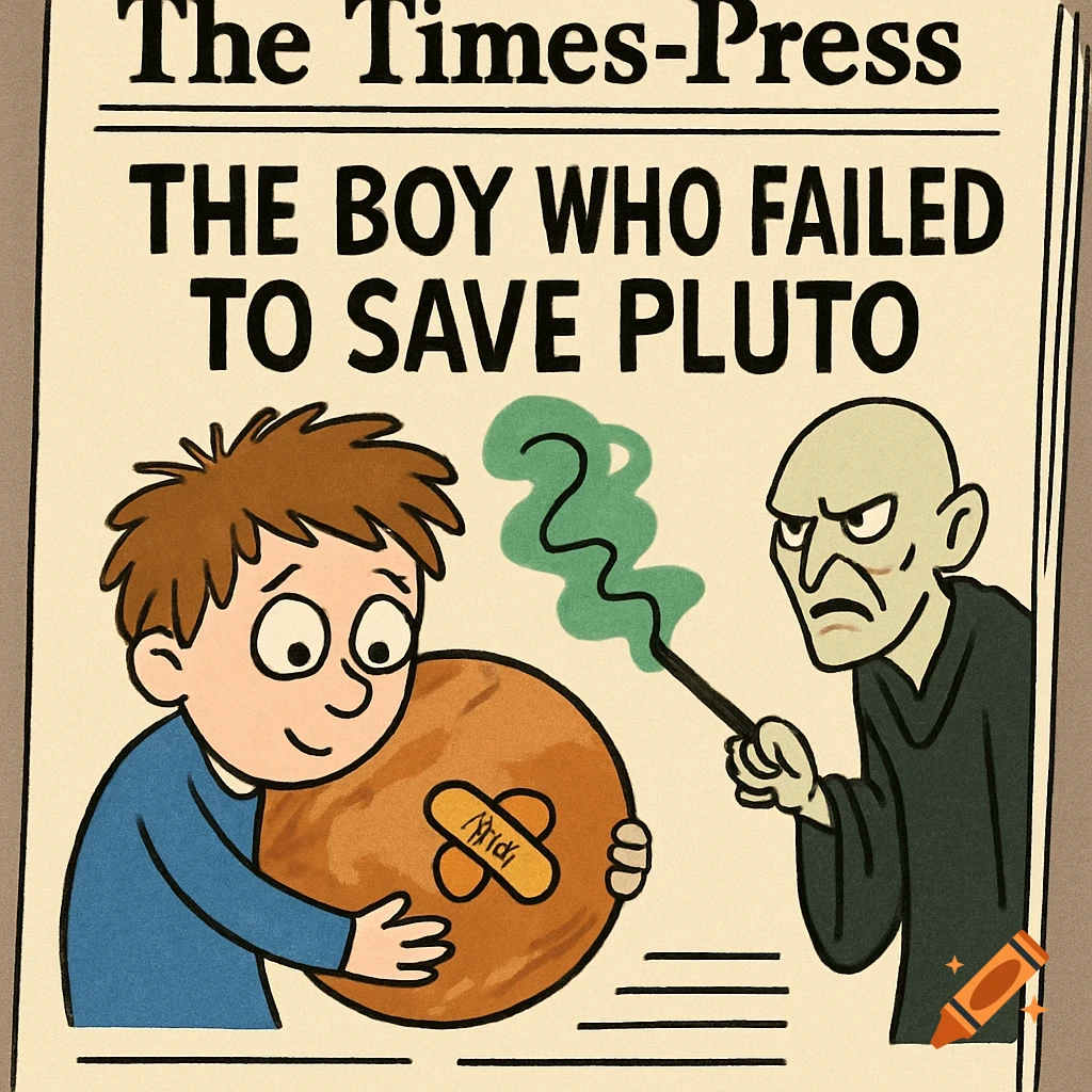 A cartoon newspaper titled "The Times-Press" with a headline "THE BOY WHO FAILED TO SAVE PLUTO". A boy in a blue shirt hugs a bandaged orange Pluto, while a bald wizard resembling Voldemort casts a green spell at it.