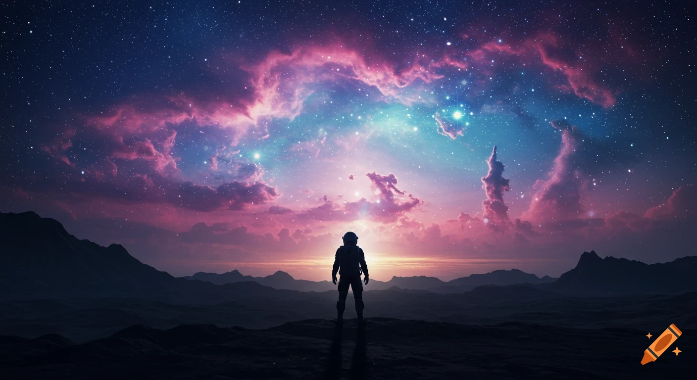 A lone astronaut stands silhouetted on a dark alien planet, gazing at a breathtaking cosmic sky filled with a vibrant purple and blue nebula and stars.