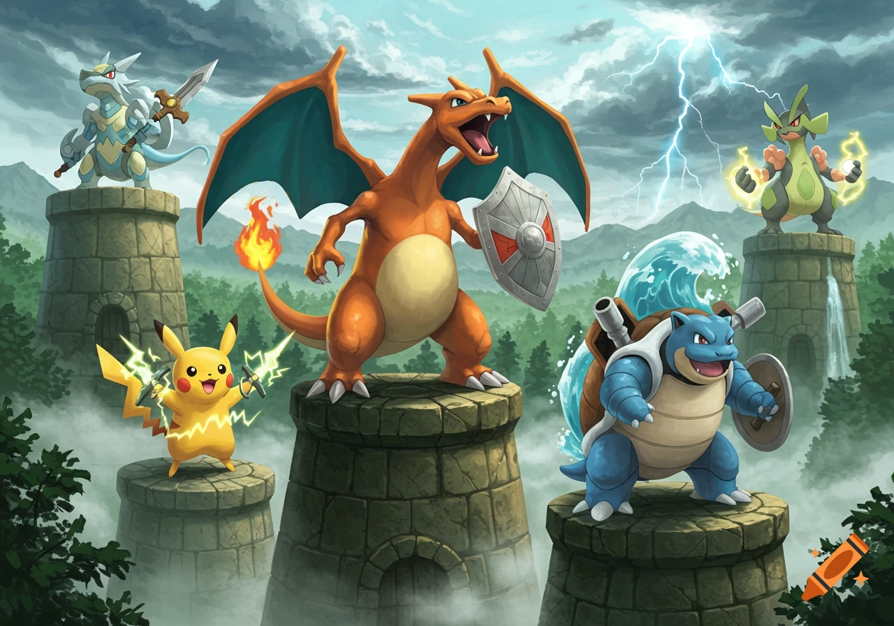 Charizard, Blastoise, Pikachu, and two other armored Pokémon stand on stone towers, holding weapons and shields, amidst a stormy, misty mountain landscape.